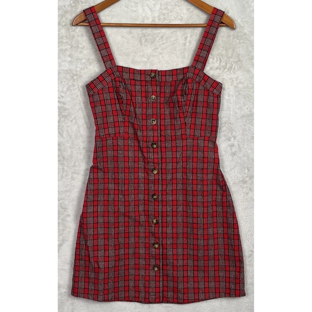 Hollister Red Overall Dress Plaid Jumper Sleeveless Women's Small Grunge Skater